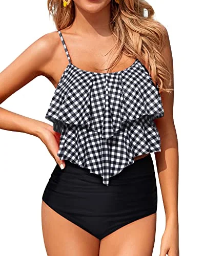 Two Piece Ruffle Tops With High Waisted Bottoms Bathing Suits For Women-Black And White Checkered