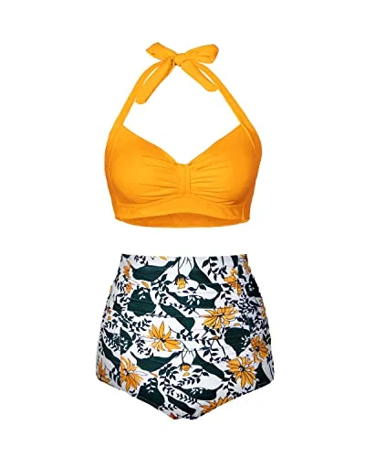 Ruched Twist 50S Style Retro Swimwear High Waisted Bikini Set For Women-Yellow Floral