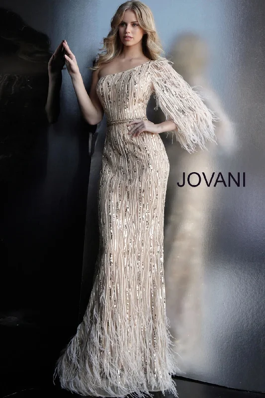 Jovani 63342 Long Formal Feather Sleeve Prom Gown