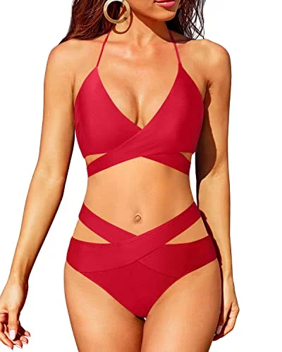 High Leg Women's Bikini Push Up Swimsuit Halter Wrap Bathing Suit-Red