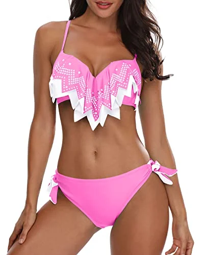 Pretty Cheeky High Cut Low Rise Bikini Bottom With Side Ties For Women-Pink White