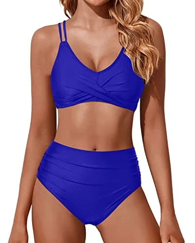 Ruched High Waisted Two Piece Bikini Set Push Up Swimsuits-Royal Blue