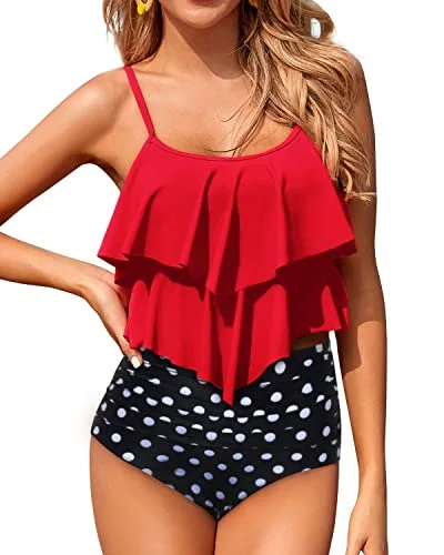 Two Piece Retro High Waisted Bikini Bottom Swimsuits For Women-Red Dot