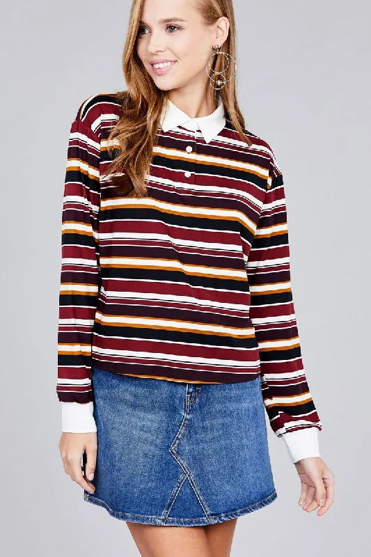 Ladies fashion long sleeve multi striped dty brushed shirts