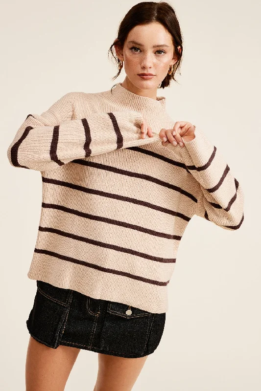 Beige Striped Mock Neck Sweater