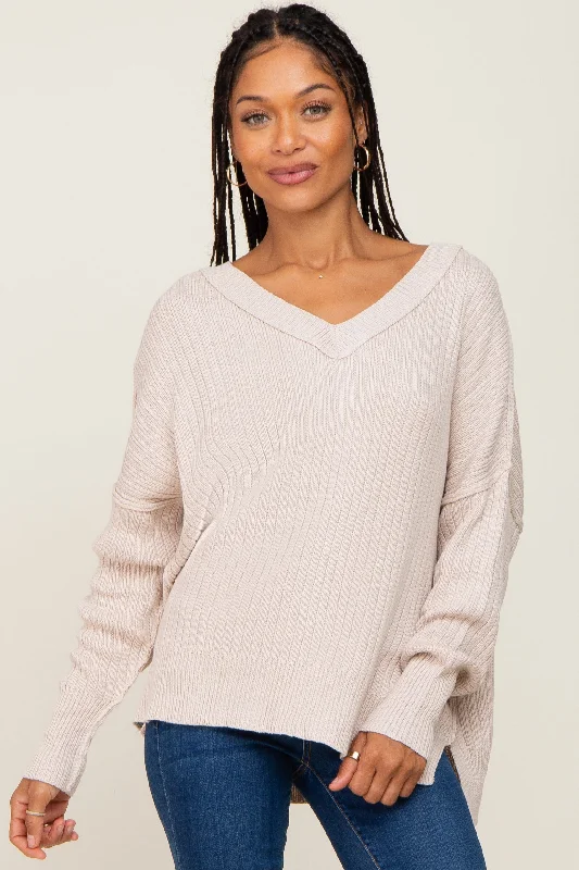 Beige V-Neck Oversized Sweater