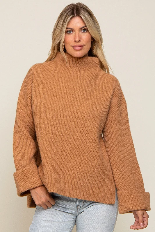 Camel Mock Neck Chunky Knit Sweater