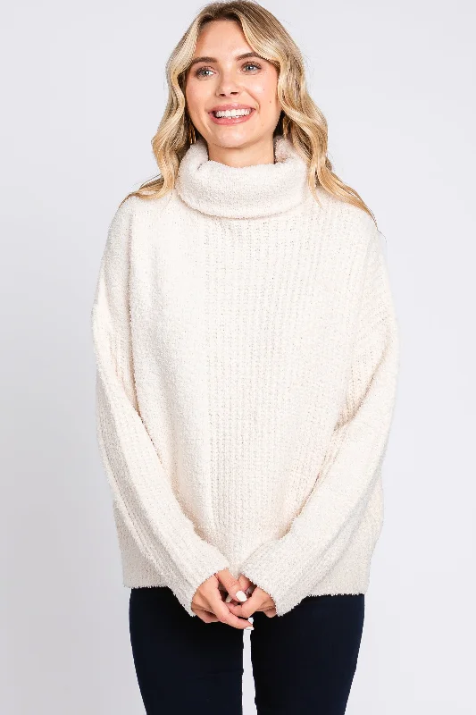 Cream Ribbed Boucle Knit Turtleneck Sweater