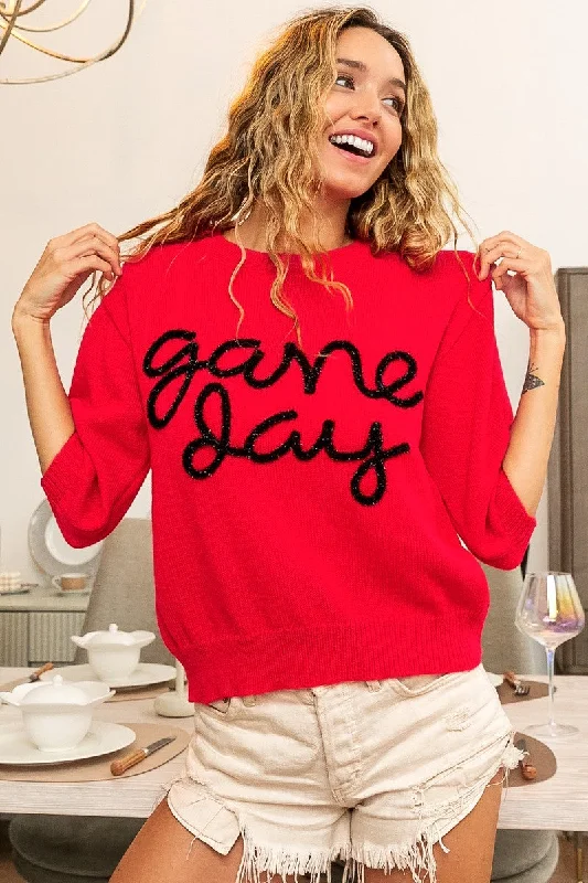 Game Day Metallic Letter Short Sleeve Puff Sleeve Sweater by BiBi Clothing