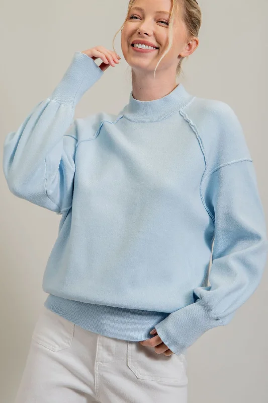 Light Blue Knit Long Sleeve Mock Neck Top