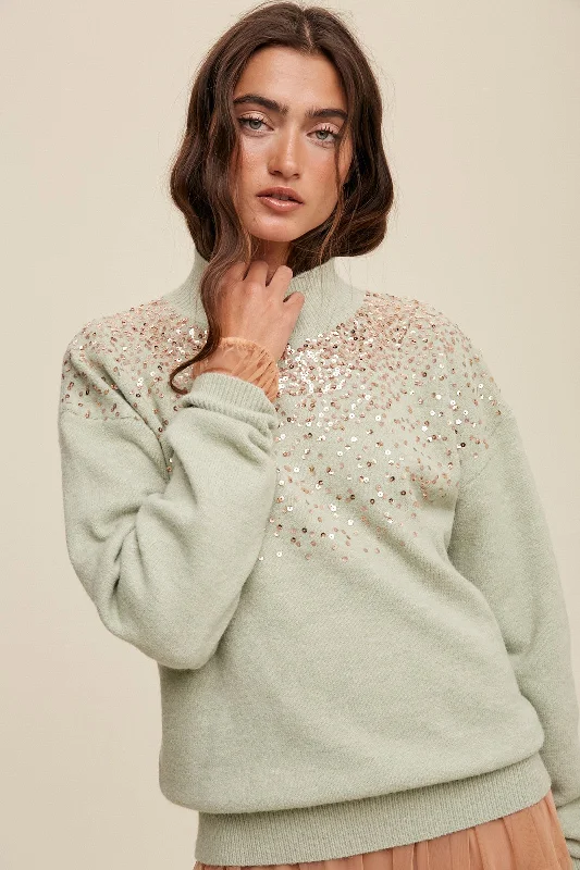 Mint Sequin Knit Mock Neck Sweater