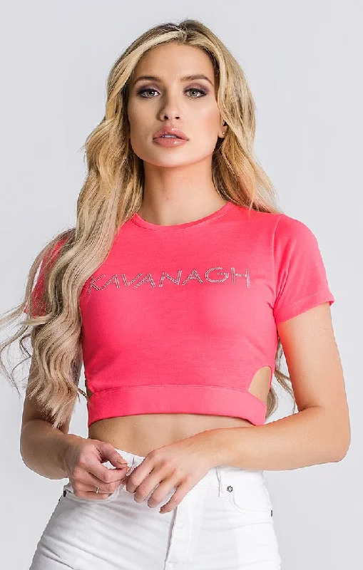 Neon Pink Crystal Cut Out Cropped Top