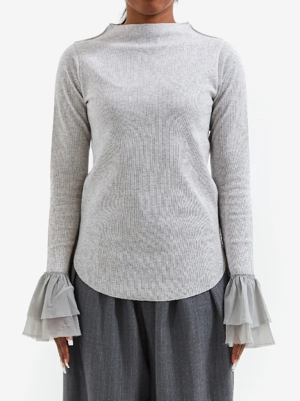 Rhodolirion Ribbed Frill Cuff Pullover Tee - Grey