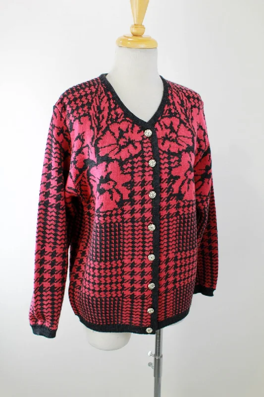 Vintage 80s/90s Floral Houndstooth Knit Cardigan, Medium