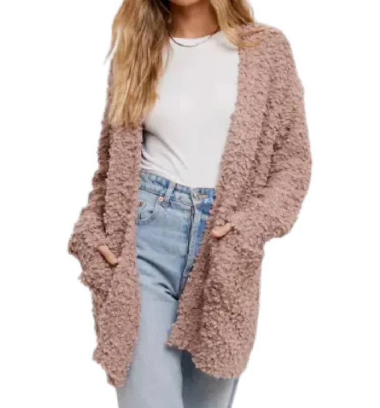 Fluffy Boucle Cardigan In Mocha