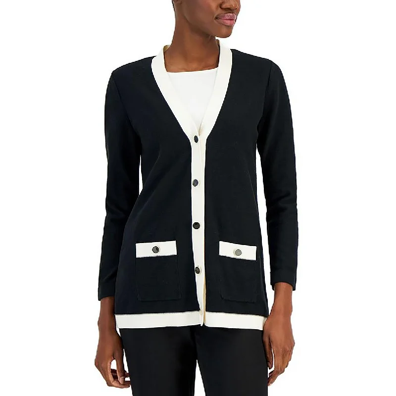 Petites Womens Knit Contrast Cardigan Sweater