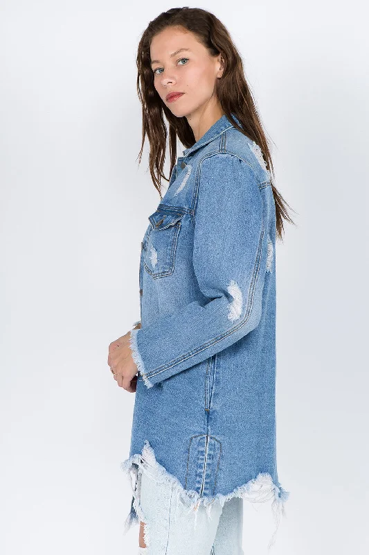 Blue Distressed Frayed Hem Denim Jacket