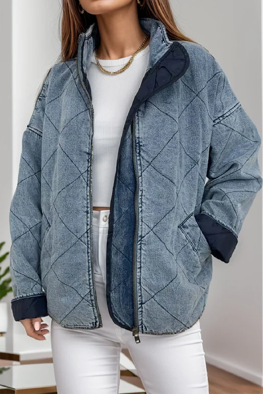 MeiMei Pocketed Zip Up Dropped Shoulder Denim Jacket