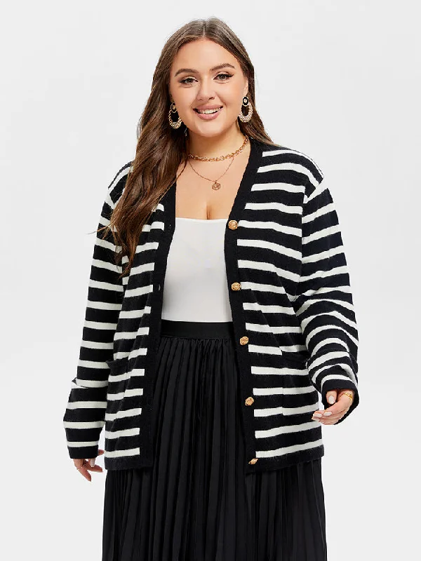 Striped Pattern Double Pocket Button Front Tunic Cardigan