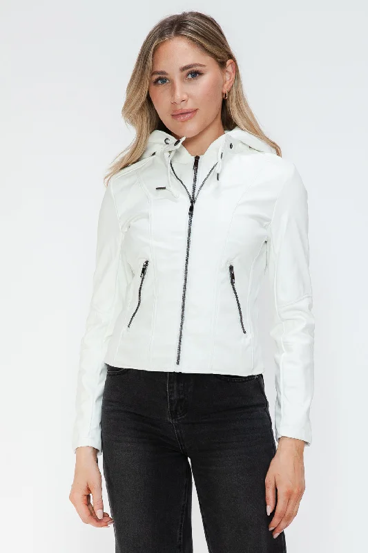 White Faux Leather Zip Up Drawstring Hooded Jacket