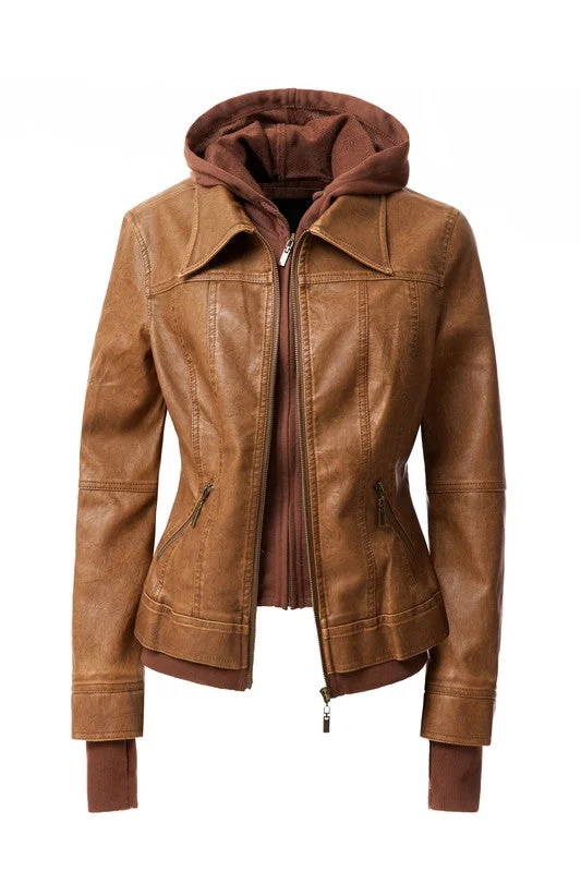 Women's Hooded PU Leather Jacket