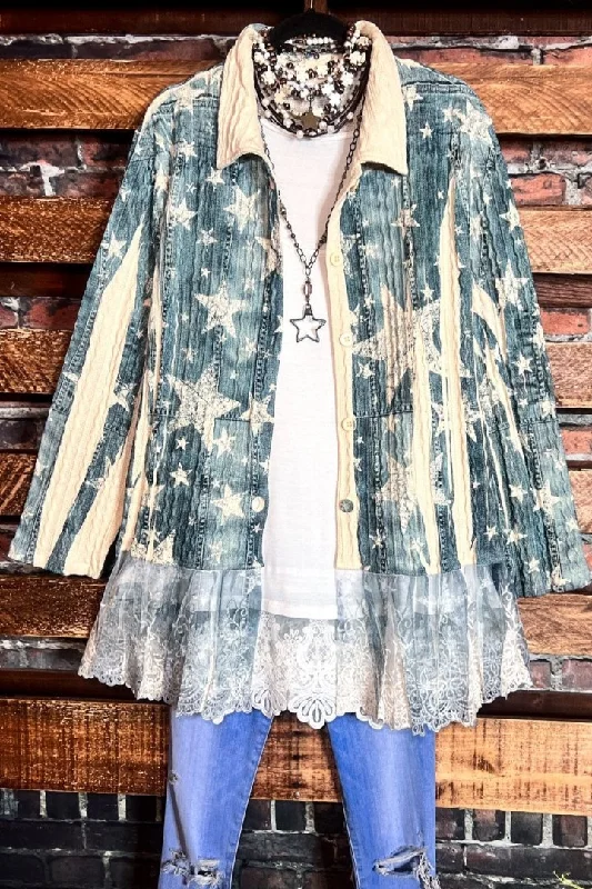 JOURNEY TO THE STARS LACE JACKET IN BLUE DENIM COLOR