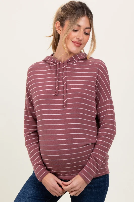 Mauve Striped Drawstring Hoodie Maternity Top