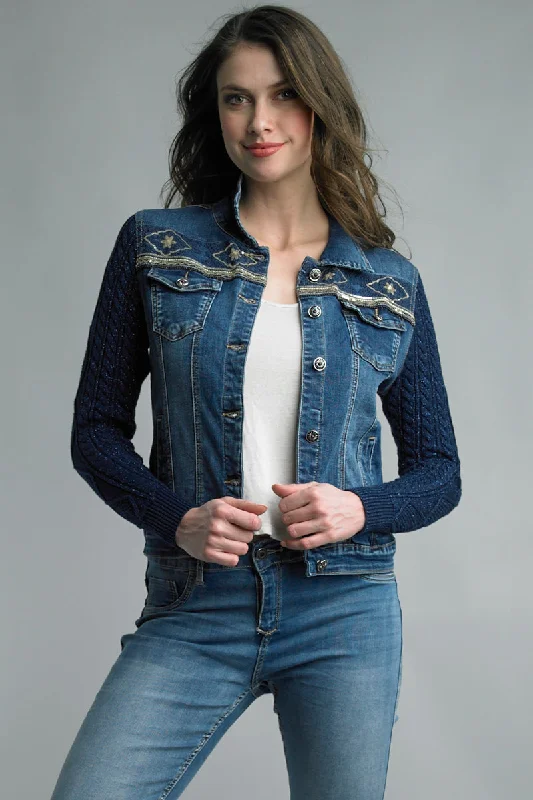 Tempo Paris Denim Jacket With Cobalt Sparkle Cable Knit Sleeve