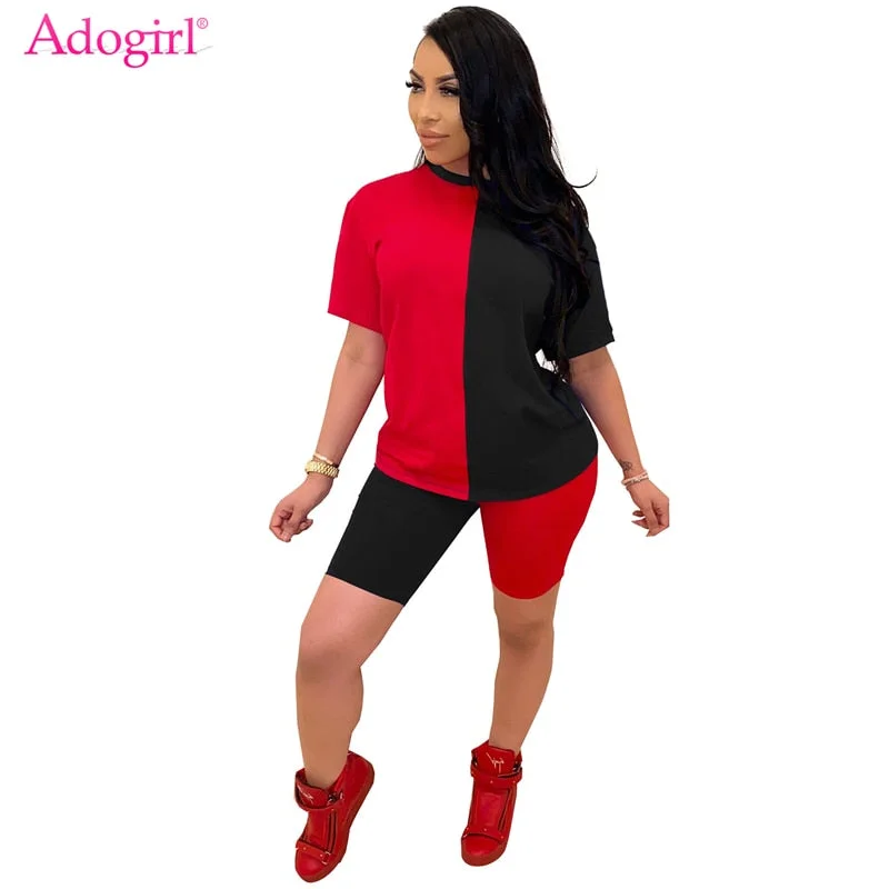 Adogirl Color Patchwork Women Casual Two Piece Set Tracksuit O Neck Short Sleeve T Shirt Top and Shorts Summer Fashion Suit