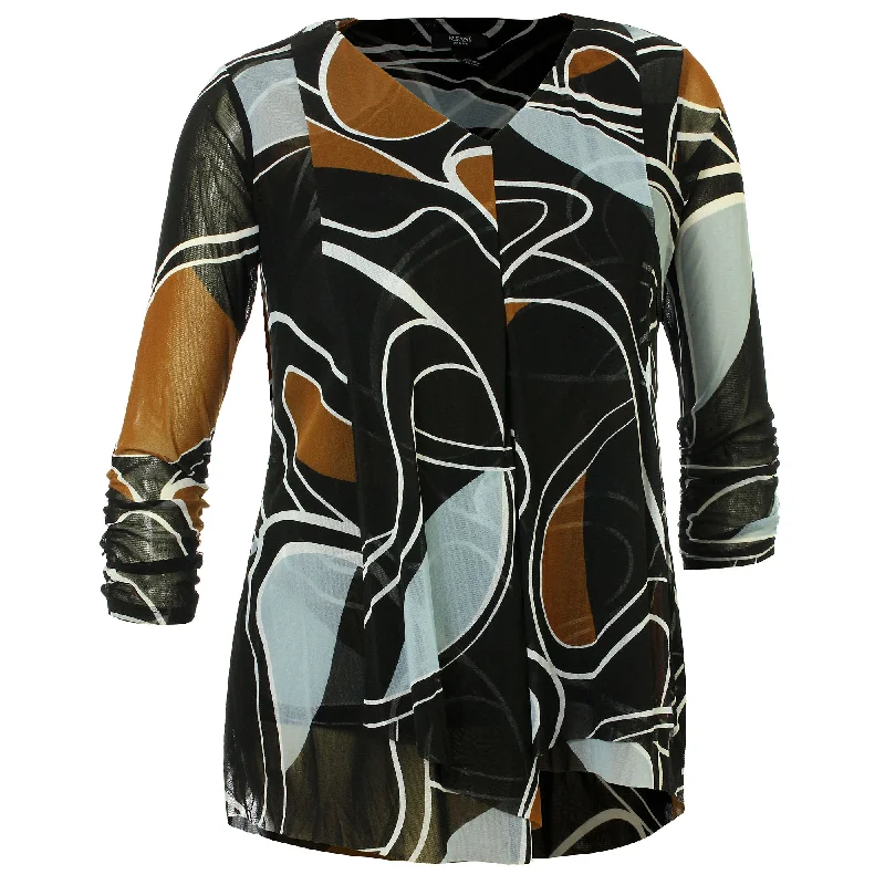 Alfani Multi Color Abstract Print Long Sleeve Layered Mesh Shirt