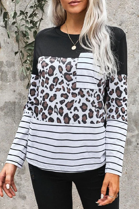 White and Black Striped Leopard Long Sleeve Shirt