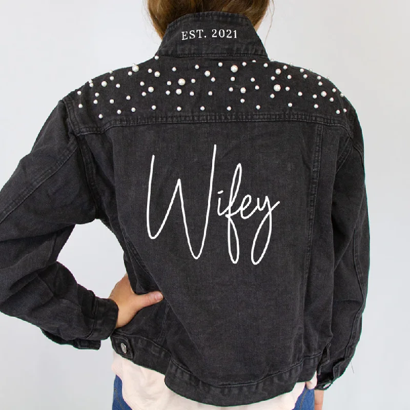 (Black Pearl) Wifey  Pearl Denim Jacket