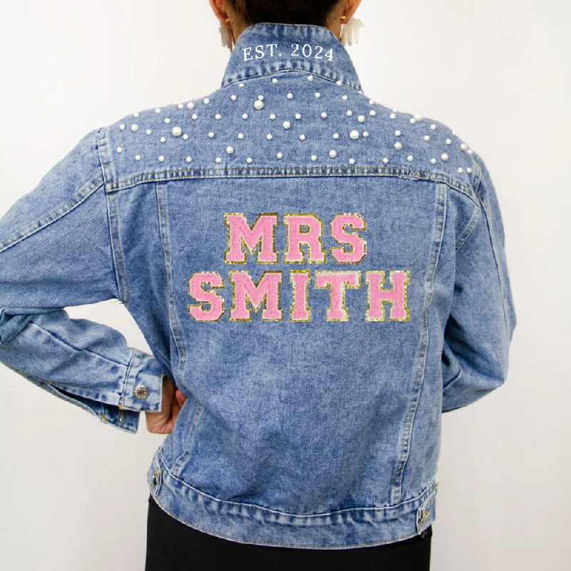 (Blue Pearl) Wedding Party Custom Patch Denim Jacket