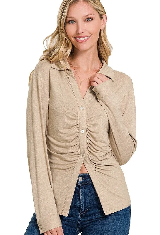 Button Front Stretchy Ruched Shirt