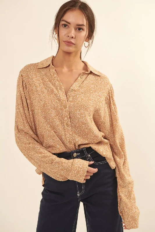 Caramel Color Button Front Collared Floral-print Shirt