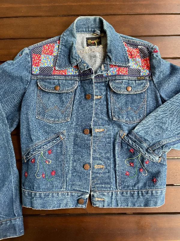 Vintage 70s Wrangler Embroidered/Genuine Patchwork Denim Jacket, OOAK Hippie Jacket SZ 36