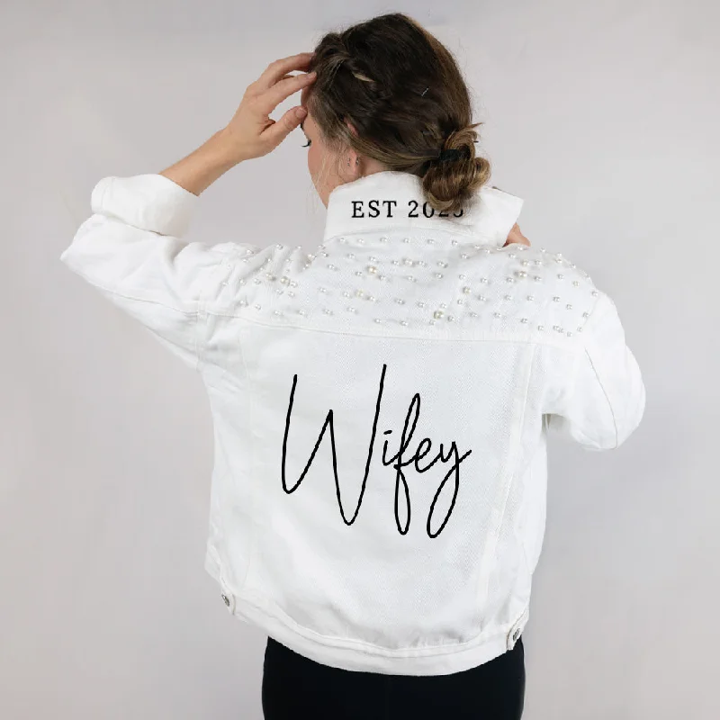 (White Pearl) Cursive Wifey  Pearl Denim Jacket