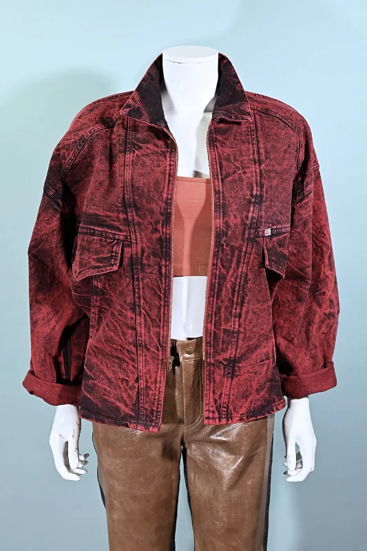 SOLD Vintage 80s Denim Jacket, Acid Washed Red/Black Overdyed by IIT M