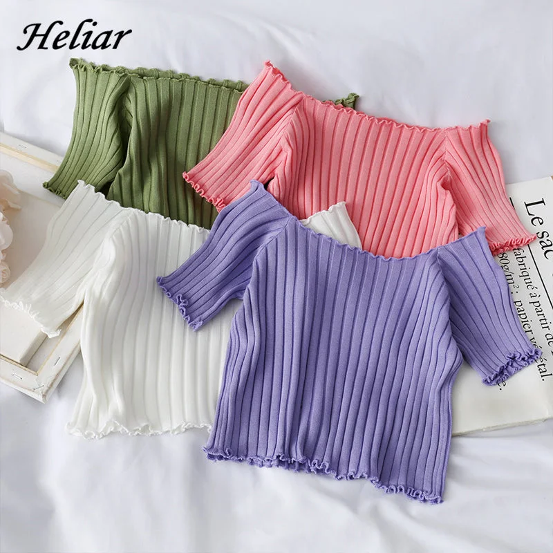 HELIAR Women T-shirt Off Shoulder Knitting Crop Tops Women Fashion Solid Short Sleeve Skinny T-shirts Women 2020 Summer