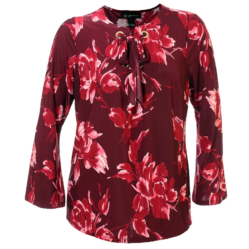 INC Multi Color Floral Bell Sleeve Lace Up Front Shirt