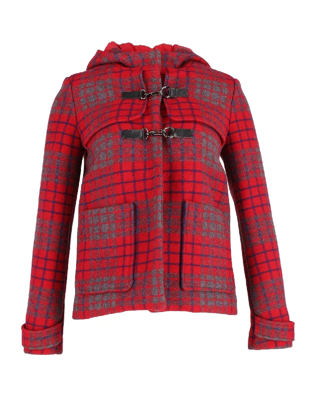 Maje Hooded Checkered Coat in Red Wool