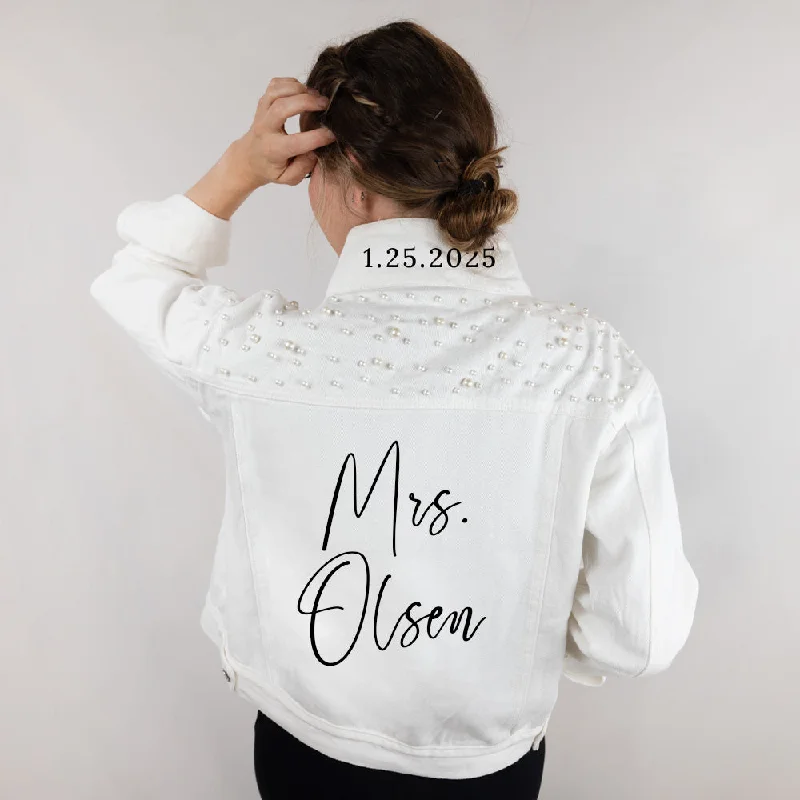 (White Pearl) Mrs  Denim Jacket with Pearls - Roman Style