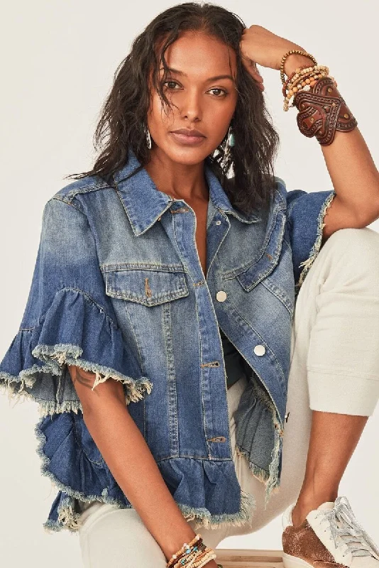 Peacock Ruffled Fringe Denim Jacket