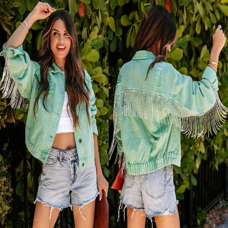 Mandy Vintage Denim Rhinestone Fringe Jacket