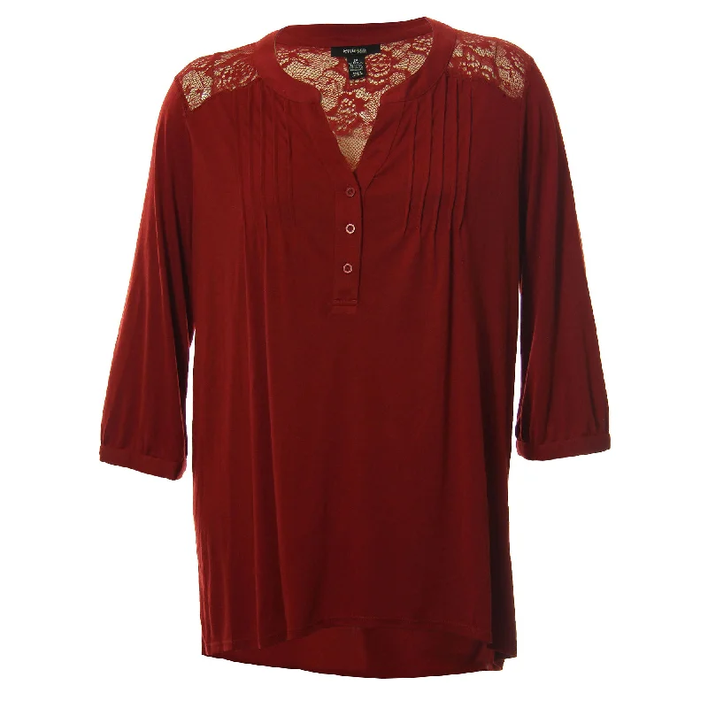 Style & Co Brick Red 3/4 Sleeve Lace Inset Shirt