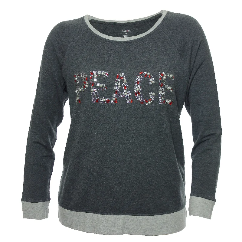 Style & Co Gray Long Sleeve Rhinestone Embellished "Peace" Shirt