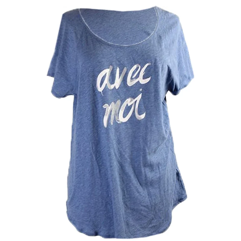 Vince Camuto Blue Short Raglan Sleeve "Avec Moi" Graphic Tee Shirt