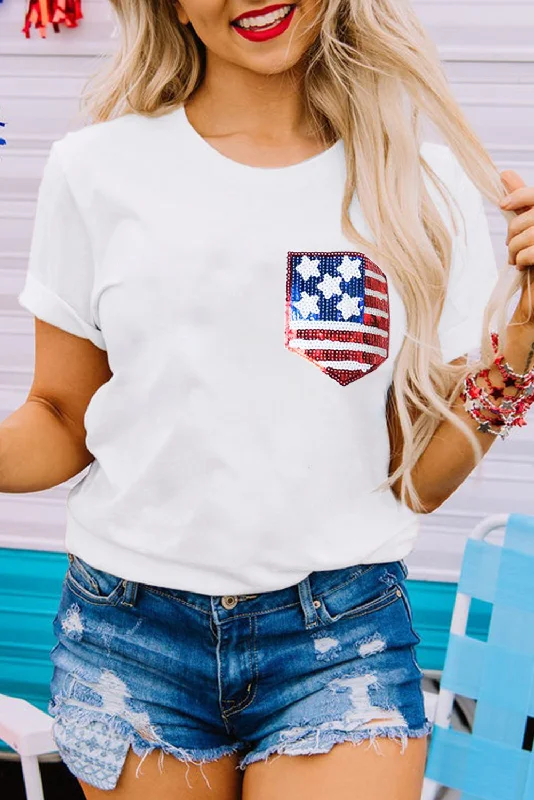 White Sequins American Flag T Shirt