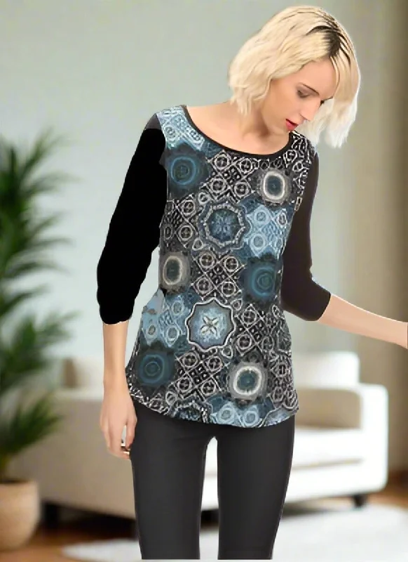 Womens Blue Geometric Shirt, Graphic Top, 3/4 Sleeve Shirt, Sizes S/M/L, Blue/Black