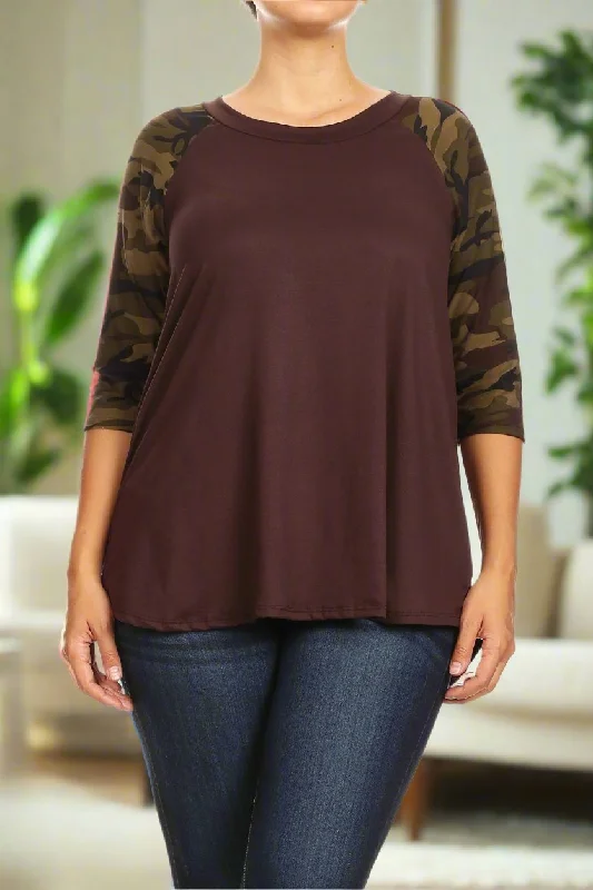 Womens Thanksgiving Brown Camouflage Top, 3/4 Sleeve Raglan Shirt, Sizes 1xl/2xl/3xl, Brown/Green